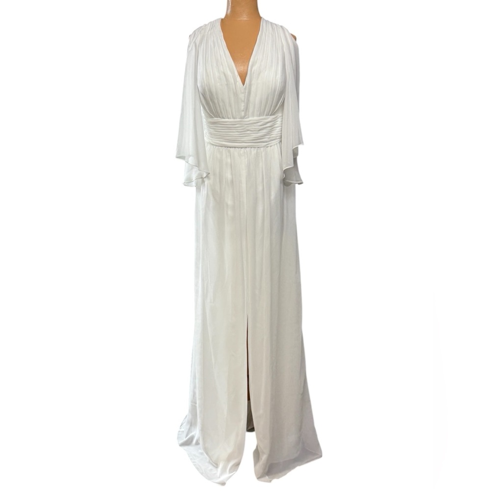 Elegant White Wedding Dress with V-Neck and Draped Sleeves
